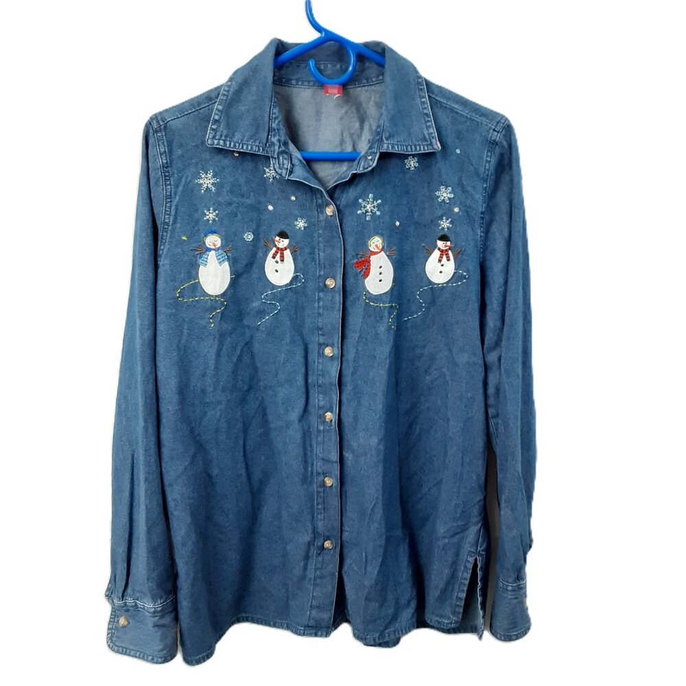 Unbranded Denim Top Size M Long Sleeve Christmas Winter Holiday Button-up Snow